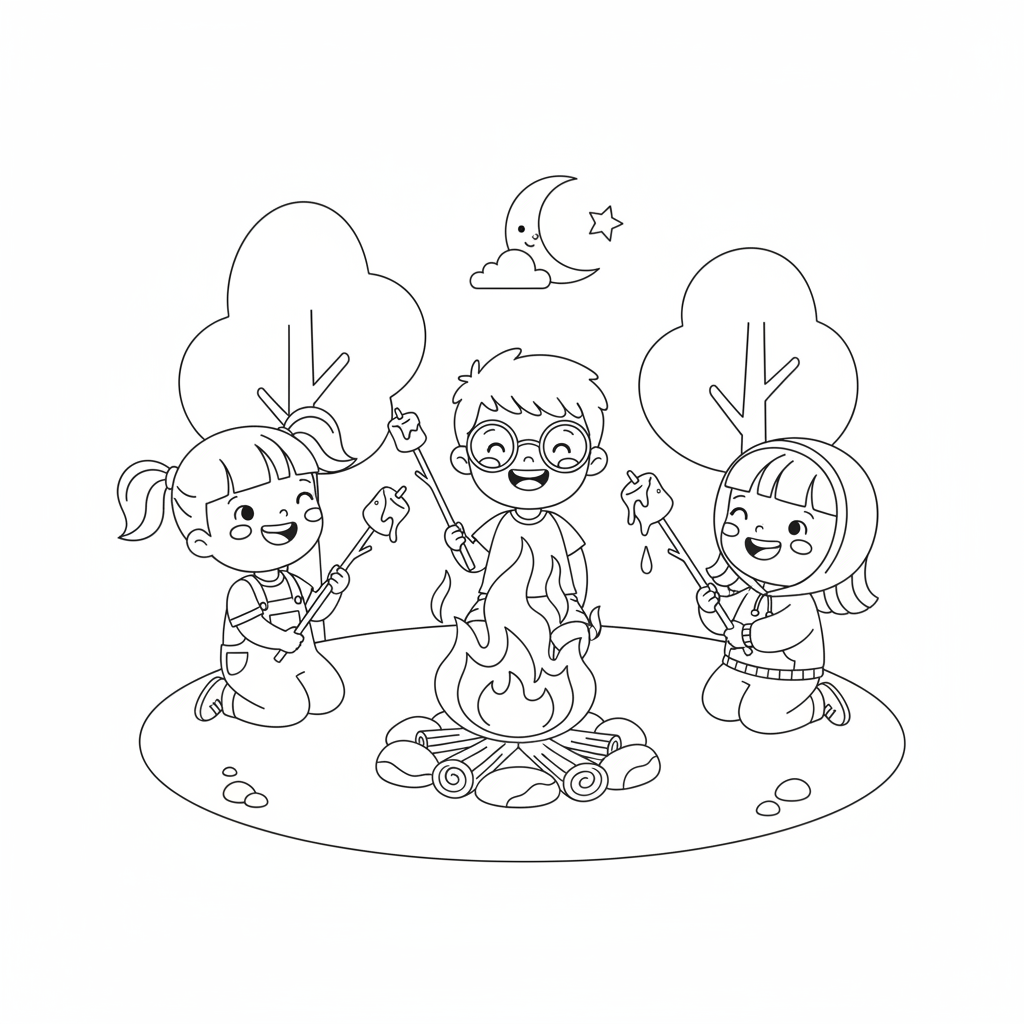 дети у костра жарят зефир