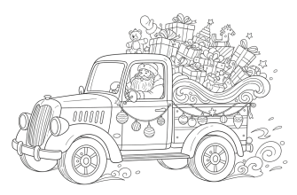 Дед мороз за рулем праздничного грузовичка с подарками спешит на праздник