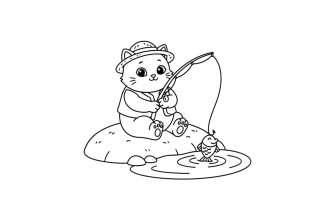 кот рыбак сидит на берегу с удочкой