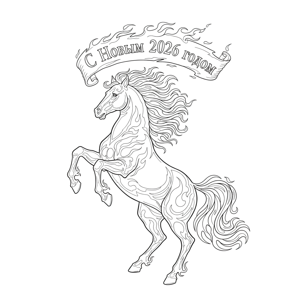 Надпись над огненной лошадью - С Новым 2026 годом