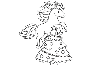Большой огненный конь прыгает через Новогоднюю елку