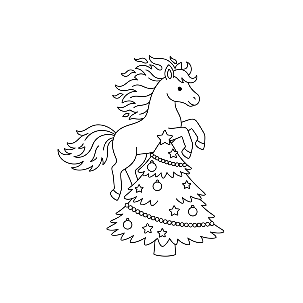 Большой огненный конь прыгает через Новогоднюю елку