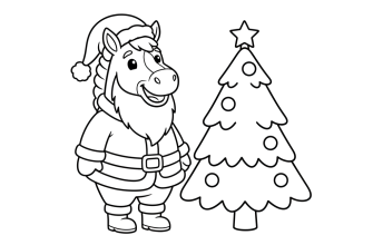 Лошадь в костюме деда мороза возле новогодней ёлки