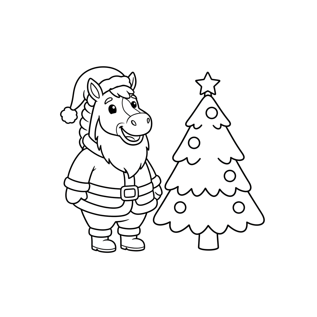 Лошадь в костюме деда мороза возле новогодней ёлки