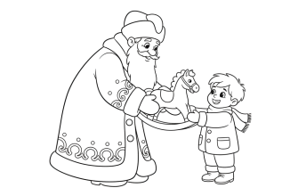 Дед мороз дарит игрушечную лошадь мальчику