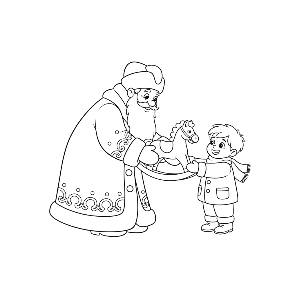 Дед мороз дарит игрушечную лошадь мальчику