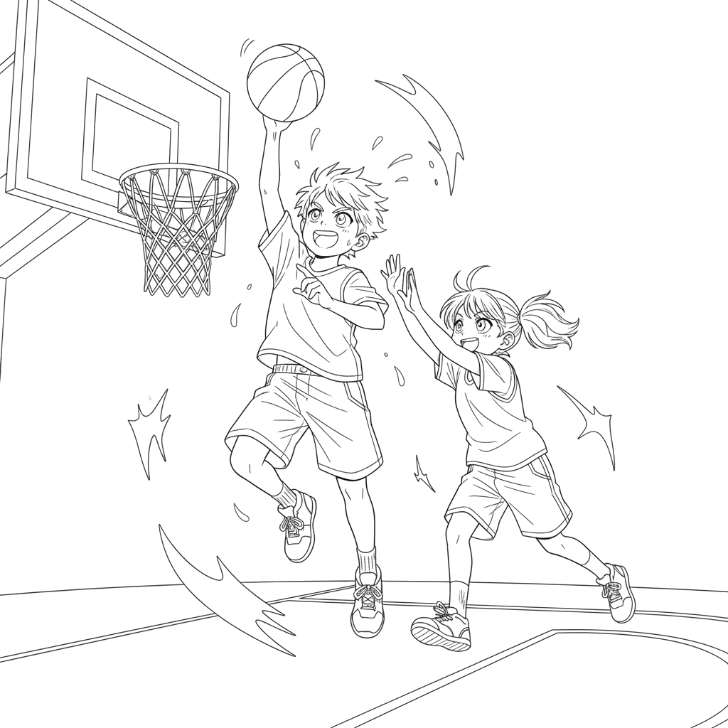 Дети играют в баскетбол. В стиле анимэ