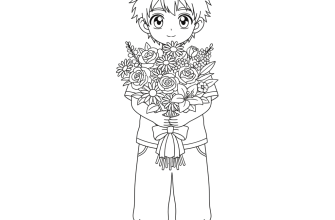 Мальчик с букетом цветов в стиле аниме