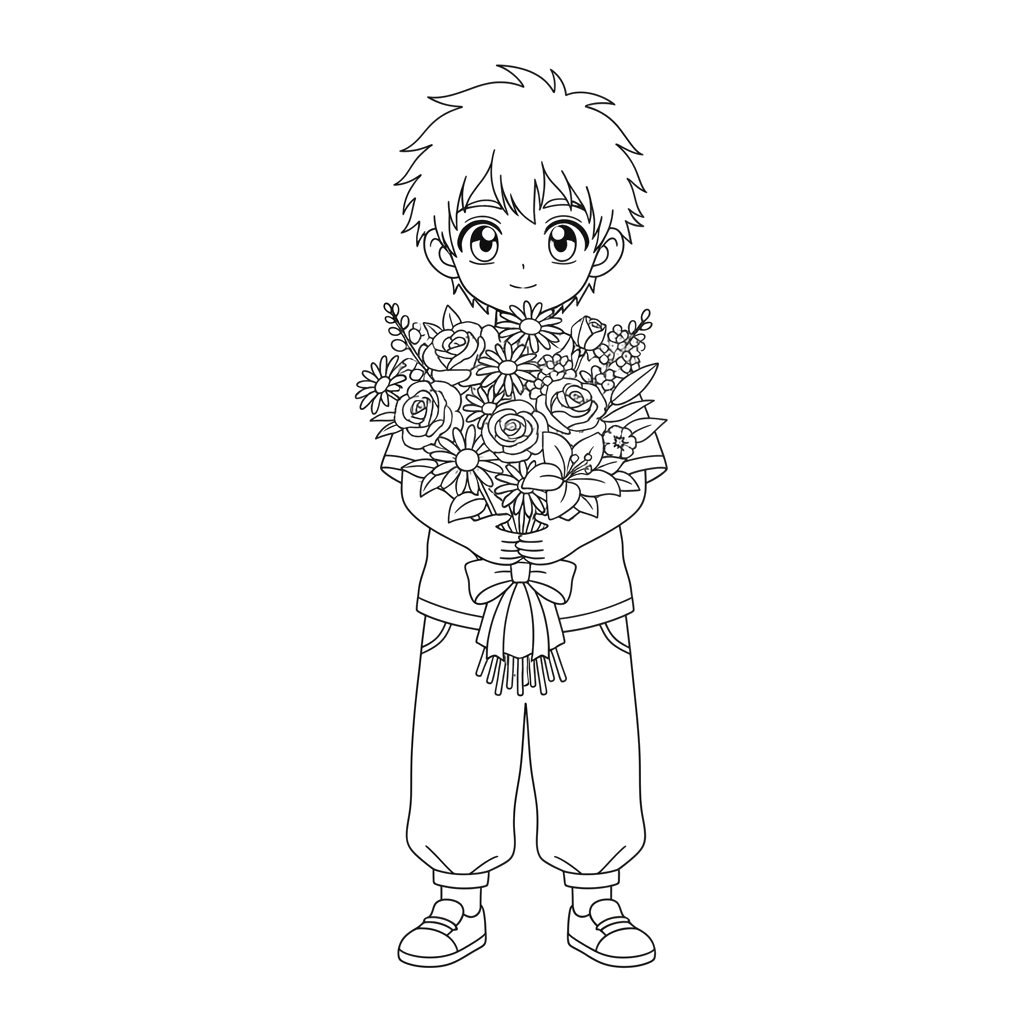 Мальчик с букетом цветов в стиле аниме