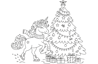 Новогодний Единорог катается на коньках возле елки