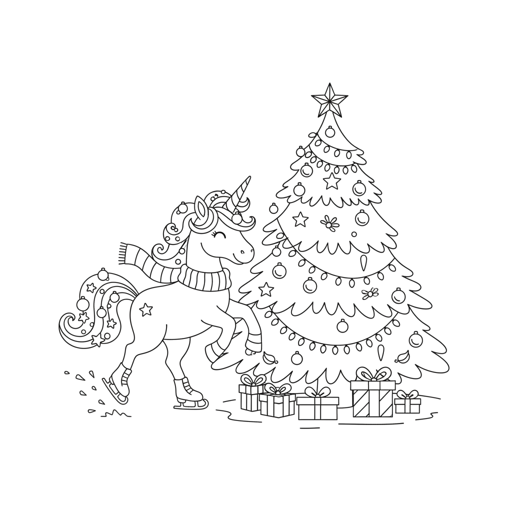 Новогодний Единорог катается на коньках возле елки