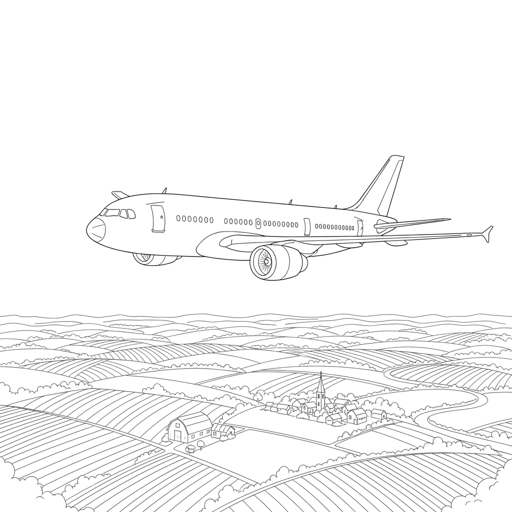 3.Большой пассажирский самолёт летит над сельской местностью.