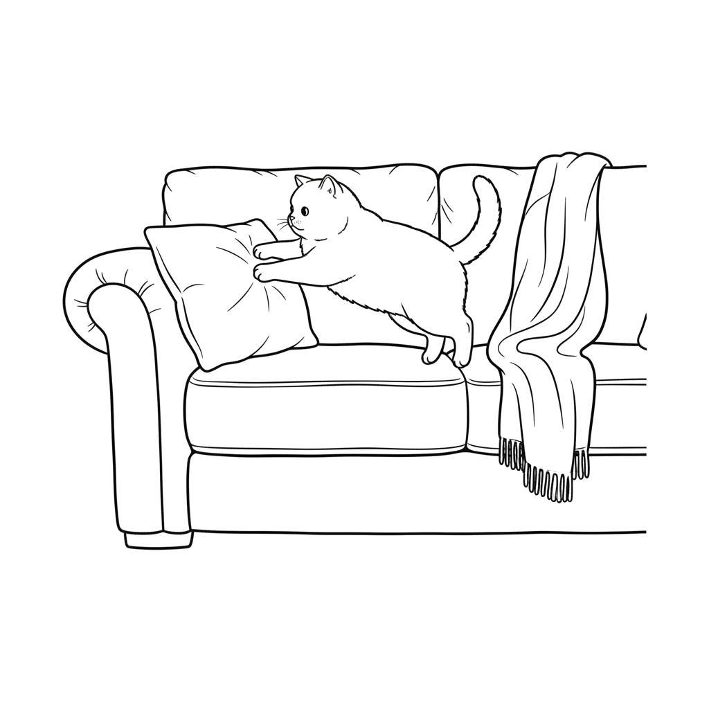 2. Кот британец запрыгивает на диван