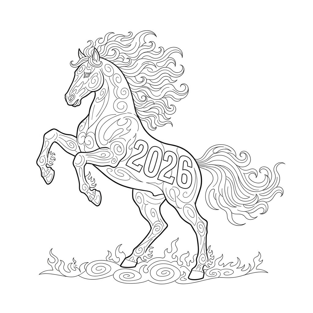 Символ 2026 года огненная лошадь и надпись - 2026