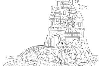 Замок с башнями и флагами, мост через ров, дракон у ворот, принцесса на балконе. Акцент на персонажах. Без мелких деталей