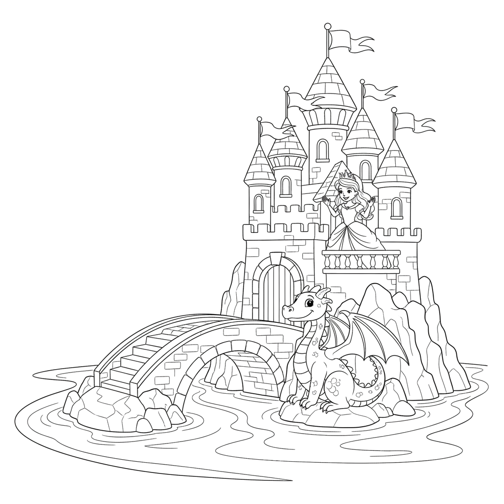 Замок с башнями и флагами, мост через ров, дракон у ворот, принцесса на балконе. Акцент на персонажах. Без мелких деталей