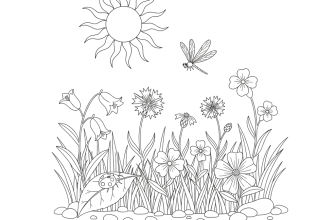 Солнечная поляна Солнце с лучами, пять‑шесть разных цветов (колокольчик, василёк, одуванчик), божья коровка, стрекоза. Фон — трава и небольшие камни.