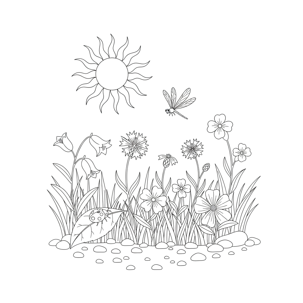 Солнечная поляна Солнце с лучами, пять‑шесть разных цветов (колокольчик, василёк, одуванчик), божья коровка, стрекоза. Фон — трава и небольшие камни.