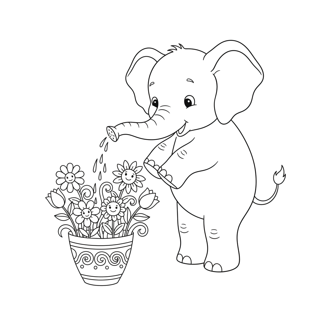 Слоненок поливает цветы из хобота