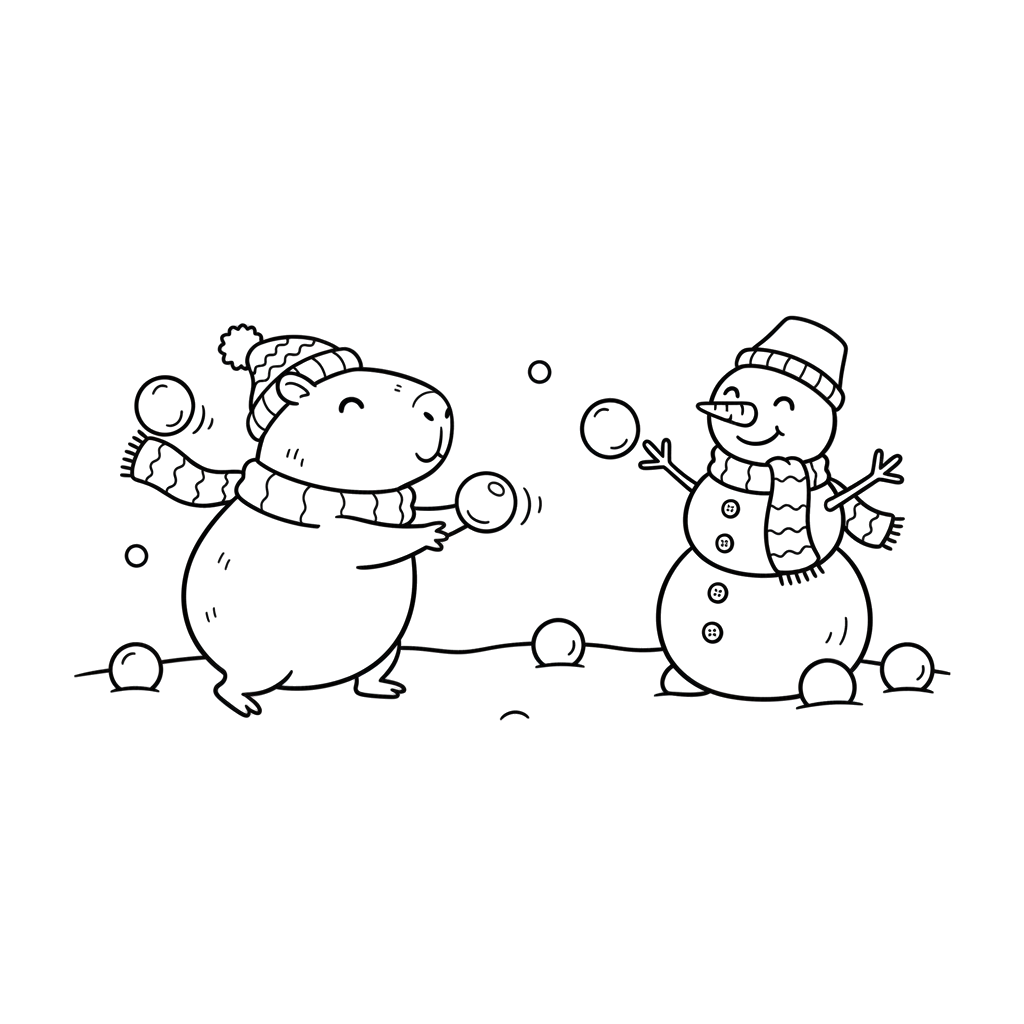 2. Капибара играет в снежки со снеговиком