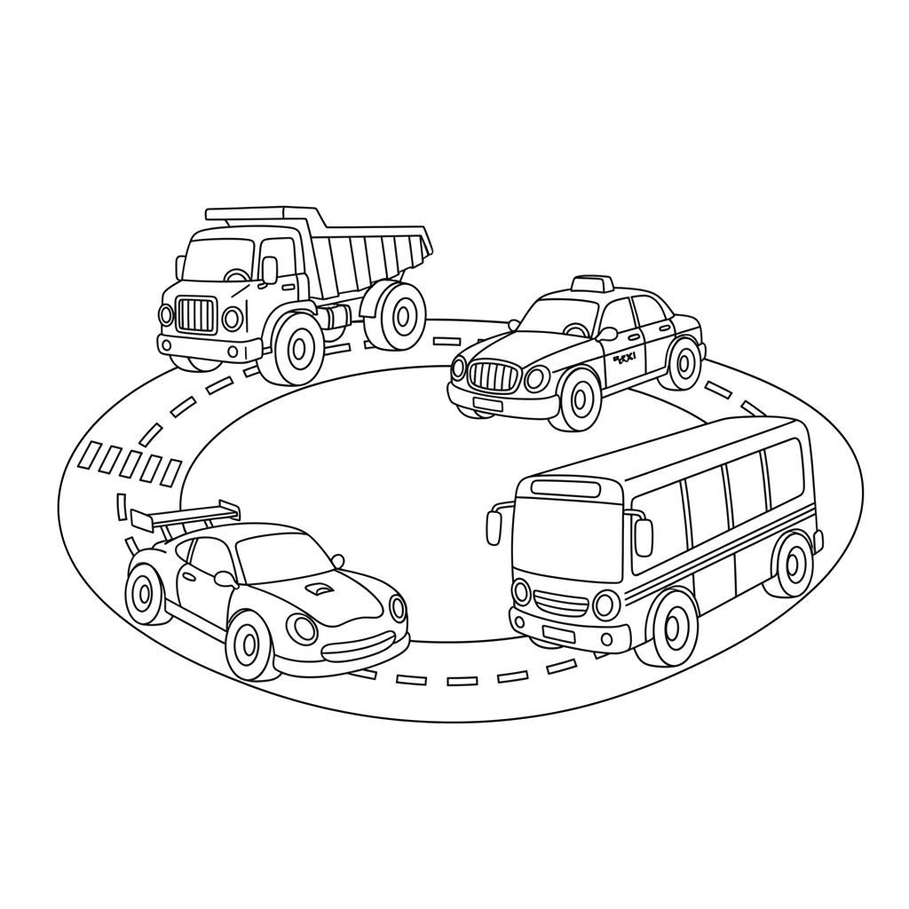 Три‑четыре автомобиля разных форм (грузовик, такси, гоночный болид, автобус) на дороге с разметкой. Крупные колёса, большие фары. Глаза машинам делать не надо