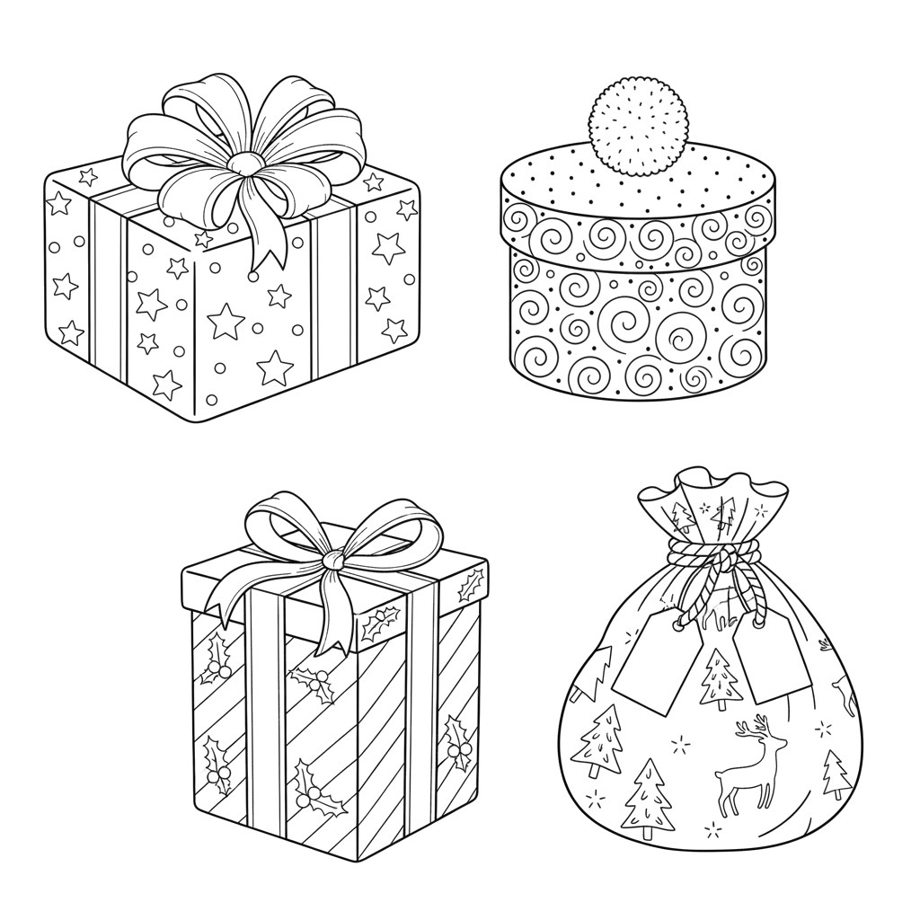 2. Шаблон новогодние подарки (каждый отдельно) для вырезания