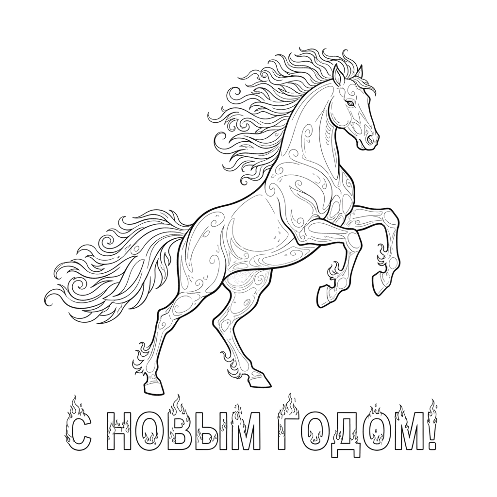 Огненная лошадь и надпись С новым годом!