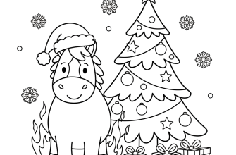 1.Огненная лошадь у ёлки Сюжет: Лошадь в праздничном колпаке стоит рядом с нарядной ёлкой, из‑под копыт вырываются искрящиеся огоньки. Элементы: ёлка с игрушками и гирляндами, колпак Санты, снежинки, подарочные коробки, стилизованное пламя вокруг ног лошади.