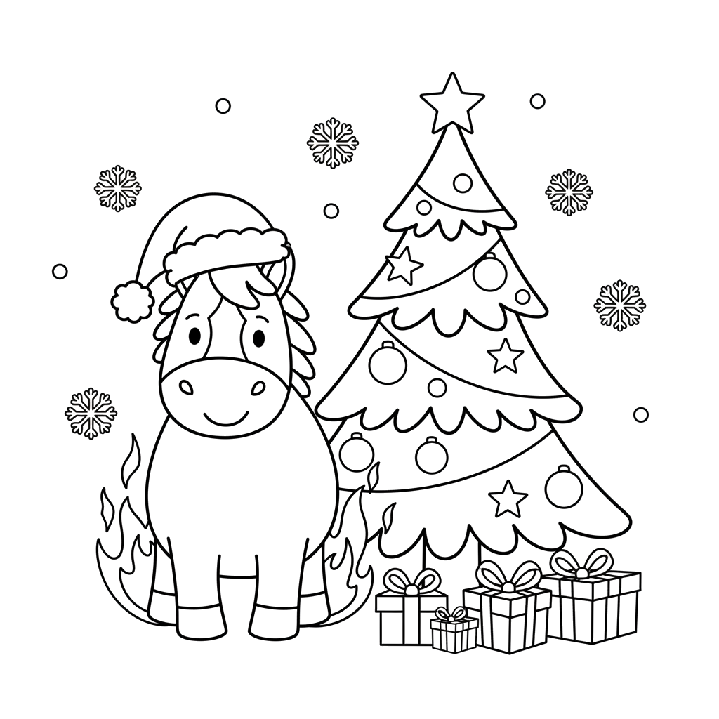 1.Огненная лошадь у ёлки Сюжет: Лошадь в праздничном колпаке стоит рядом с нарядной ёлкой, из‑под копыт вырываются искрящиеся огоньки. Элементы: ёлка с игрушками и гирляндами, колпак Санты, снежинки, подарочные коробки, стилизованное пламя вокруг ног лошади.