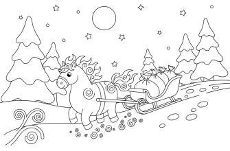 1.Поездка по зимнему лесу Сюжет: Огненная лошадь везёт сани с подарками сквозь заснеженный лес; за ней тянется след из светящихся углей. Элементы: сани с мешками подарков, ели в снегу, луна, звёзды, следы копыт, вихри снега.