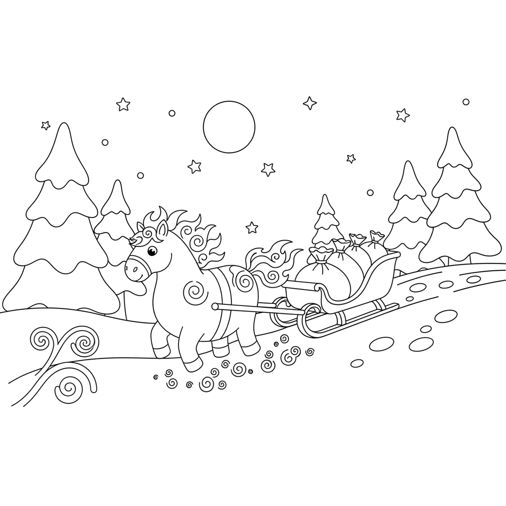 1.Поездка по зимнему лесу Сюжет: Огненная лошадь везёт сани с подарками сквозь заснеженный лес; за ней тянется след из светящихся углей. Элементы: сани с мешками подарков, ели в снегу, луна, звёзды, следы копыт, вихри снега.