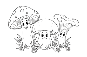 Два‑три больших гриба (мухомор, белый гриб, лисичка) с улыбающимися лицами. Вокруг — травинки и маленькие цветочки.