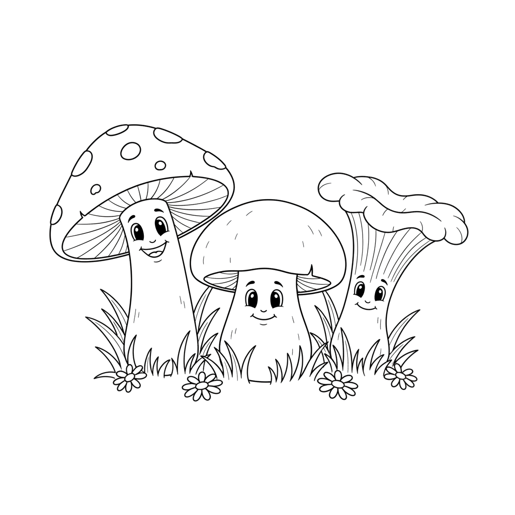Два‑три больших гриба (мухомор, белый гриб, лисичка) с улыбающимися лицами. Вокруг — травинки и маленькие цветочки.