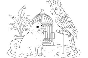 2. Кот британец наблюдает за попугаем