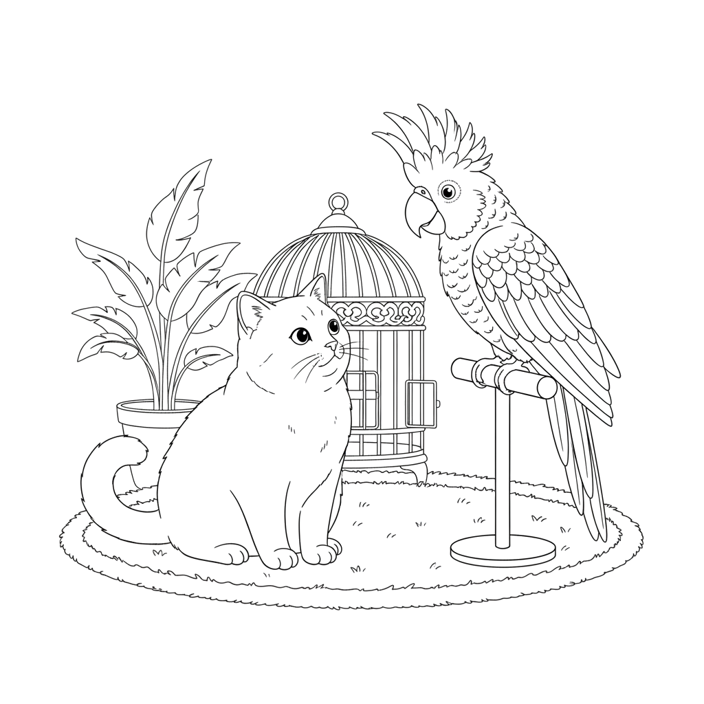 2. Кот британец наблюдает за попугаем