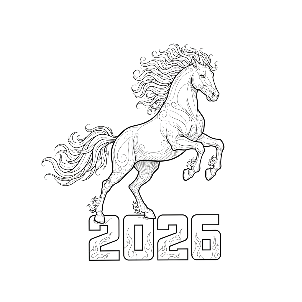 Символ 2026 года огненная лошадь. Которая прыгает через надпись - 2026