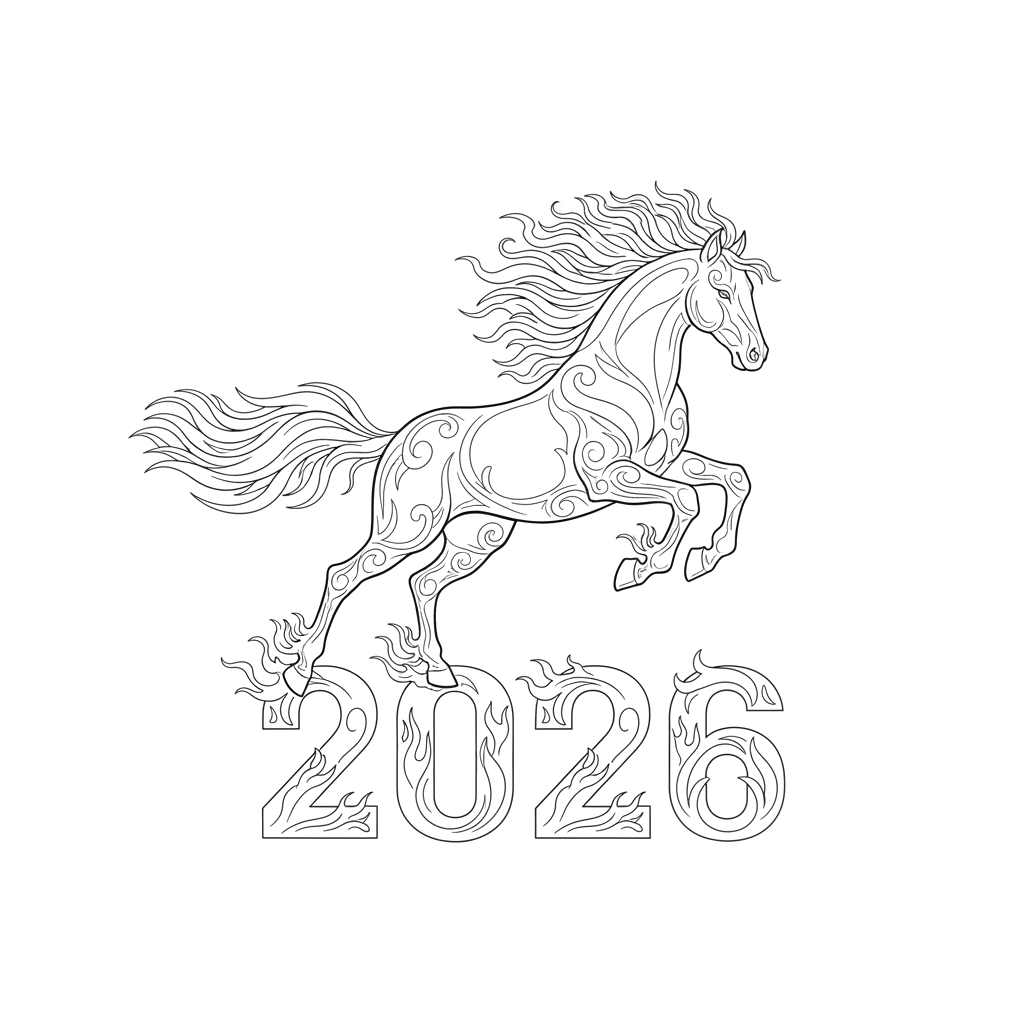 1.Символ 2026 года огненная лошадь. Которая прыгает через надпись - 2026