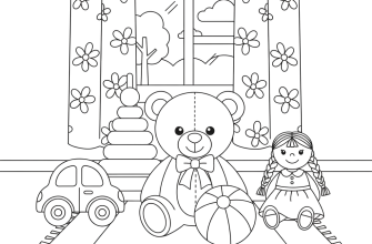 Игрушки в комнате Плюшевый мишка, мяч, машинка, кукла, пирамидка. Предметы расположены на полу. На фоне окно с занавеской.