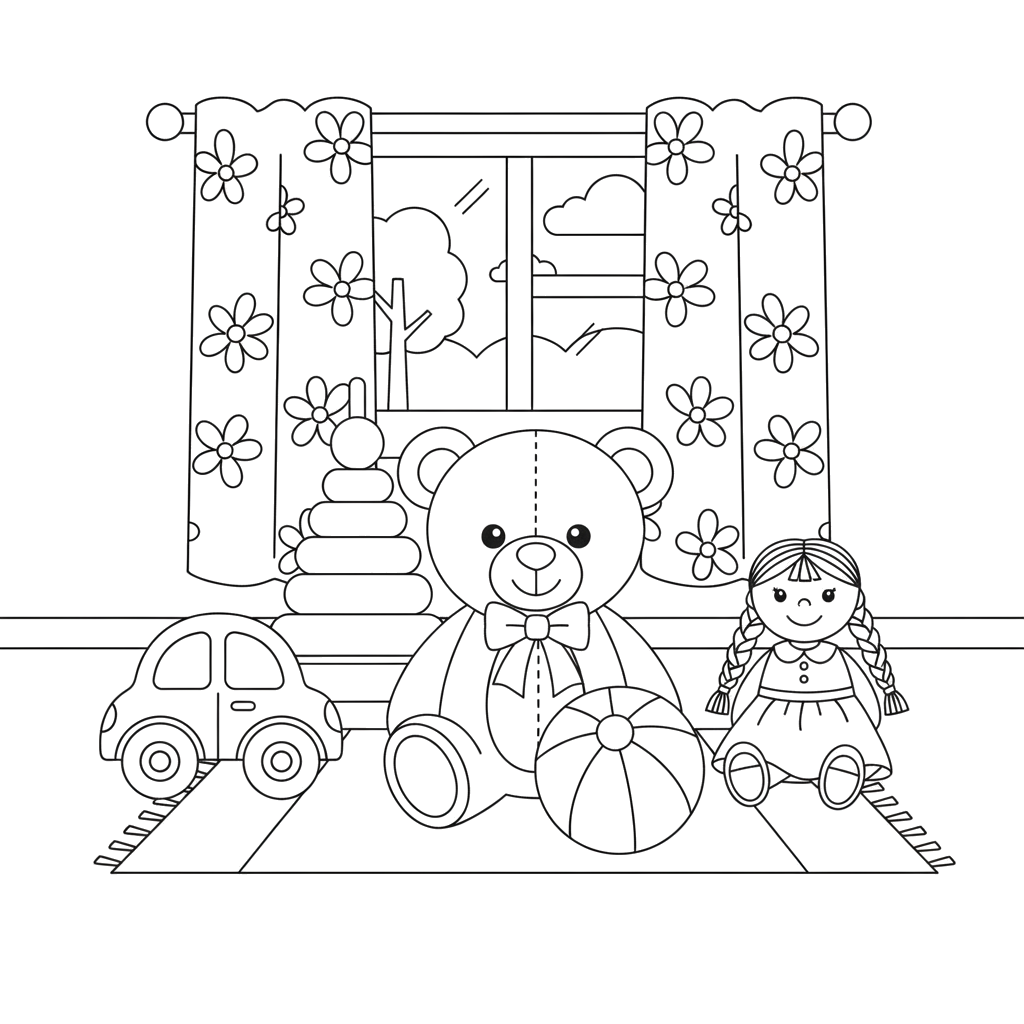 Игрушки в комнате Плюшевый мишка, мяч, машинка, кукла, пирамидка. Предметы расположены на полу. На фоне окно с занавеской.