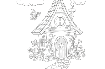 Сказочный домик. Домик с треугольной крышей, окном, дверью и дымоходом. Вокруг — цветы, облако, бабочка, дорожка из камней.