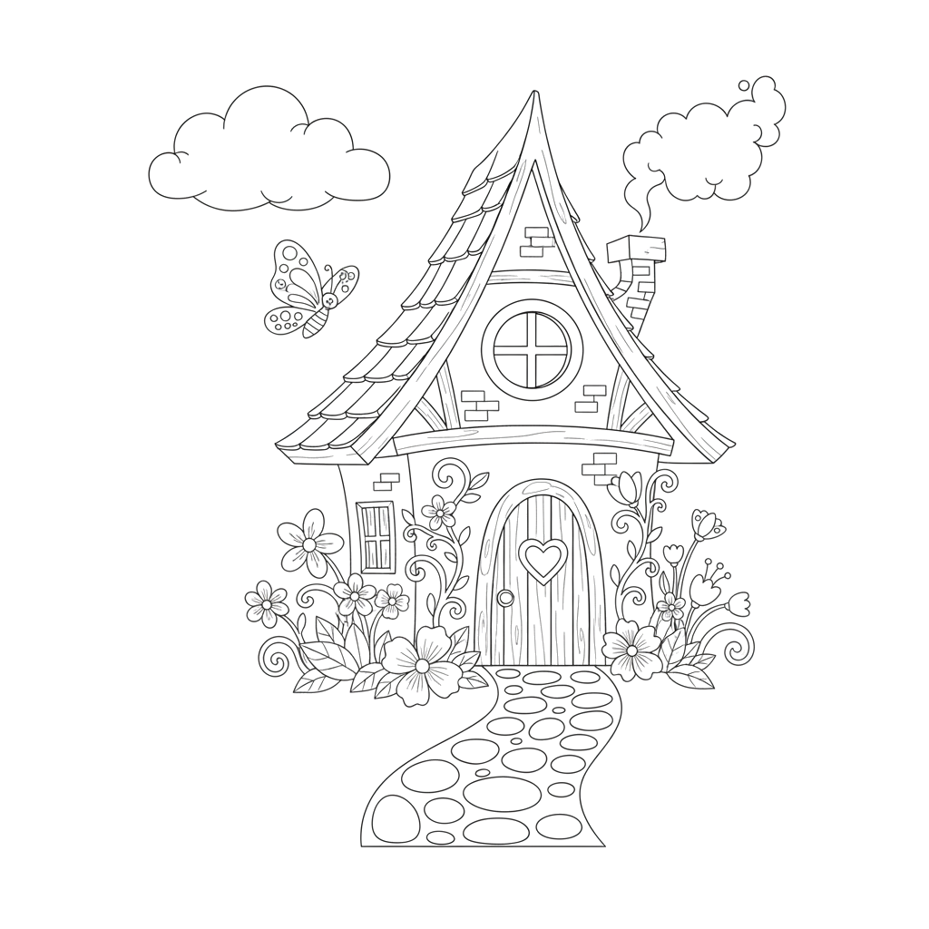 Сказочный домик. Домик с треугольной крышей, окном, дверью и дымоходом. Вокруг — цветы, облако, бабочка, дорожка из камней.
