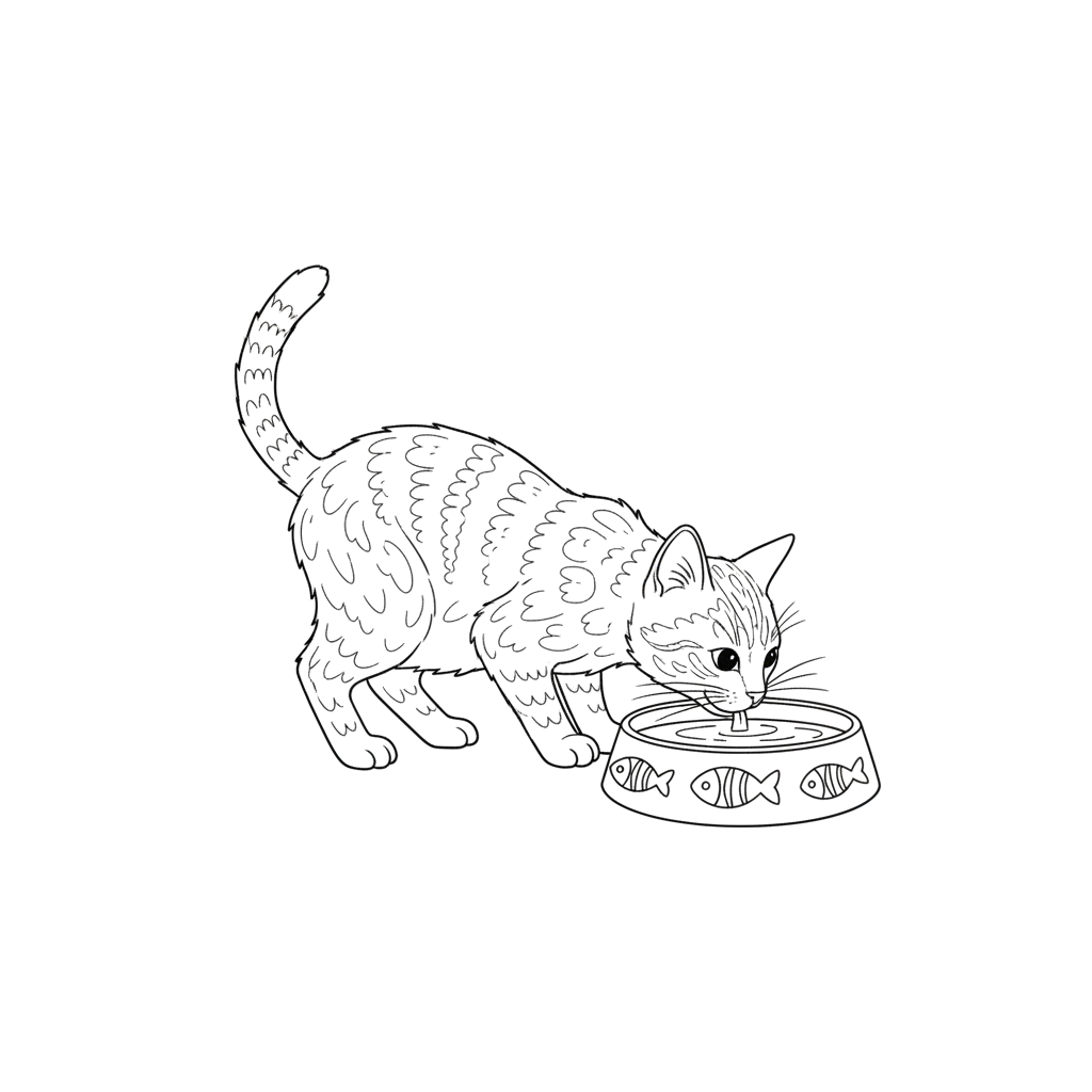 2. Кошка пьёт из миски