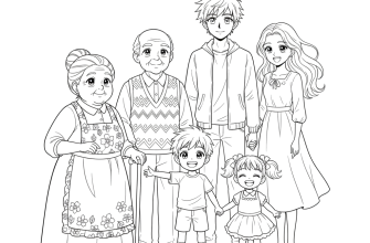 2. Бабушка, дедушка, папа, мама, сын и дочка в стиле аниме