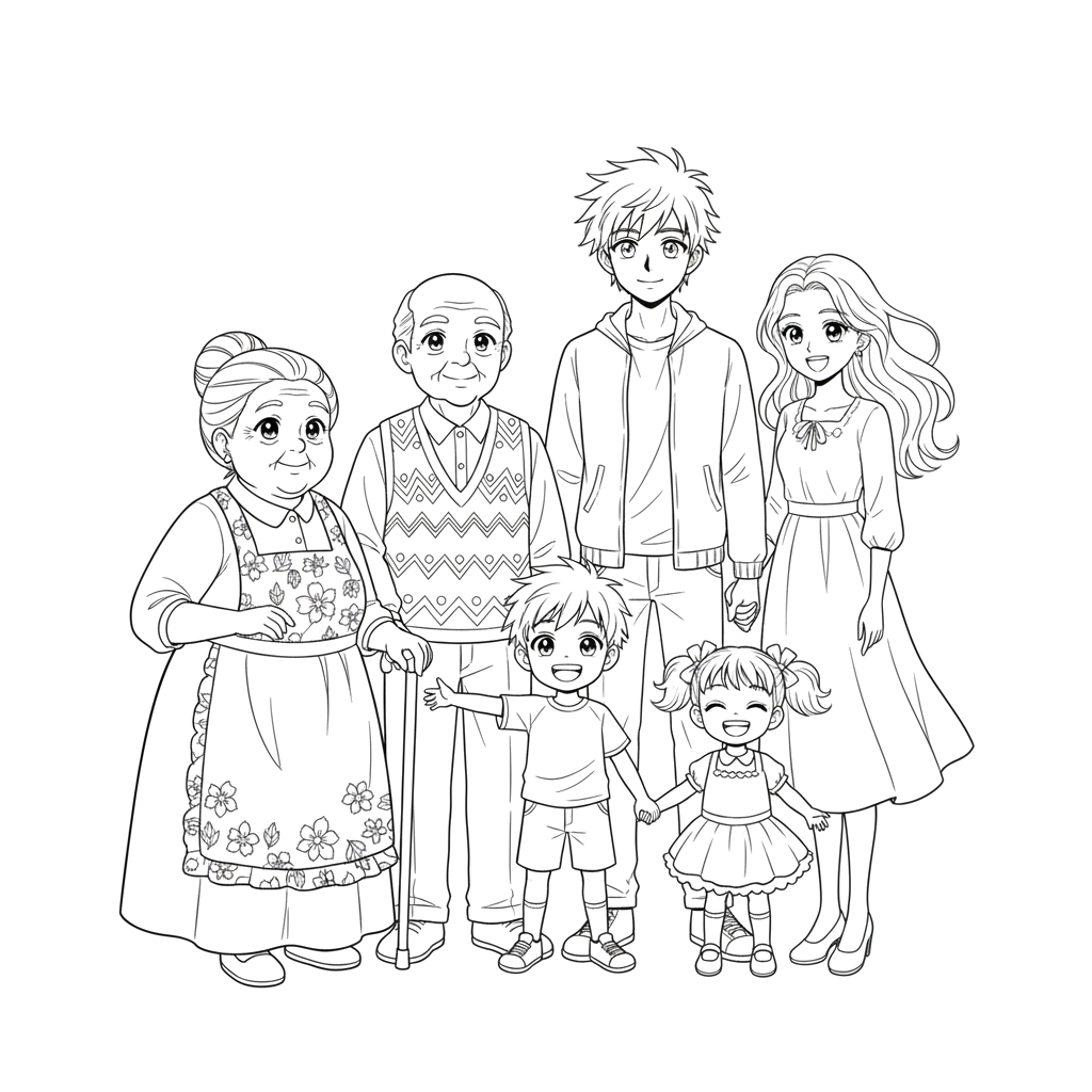 2. Бабушка, дедушка, папа, мама, сын и дочка в стиле аниме