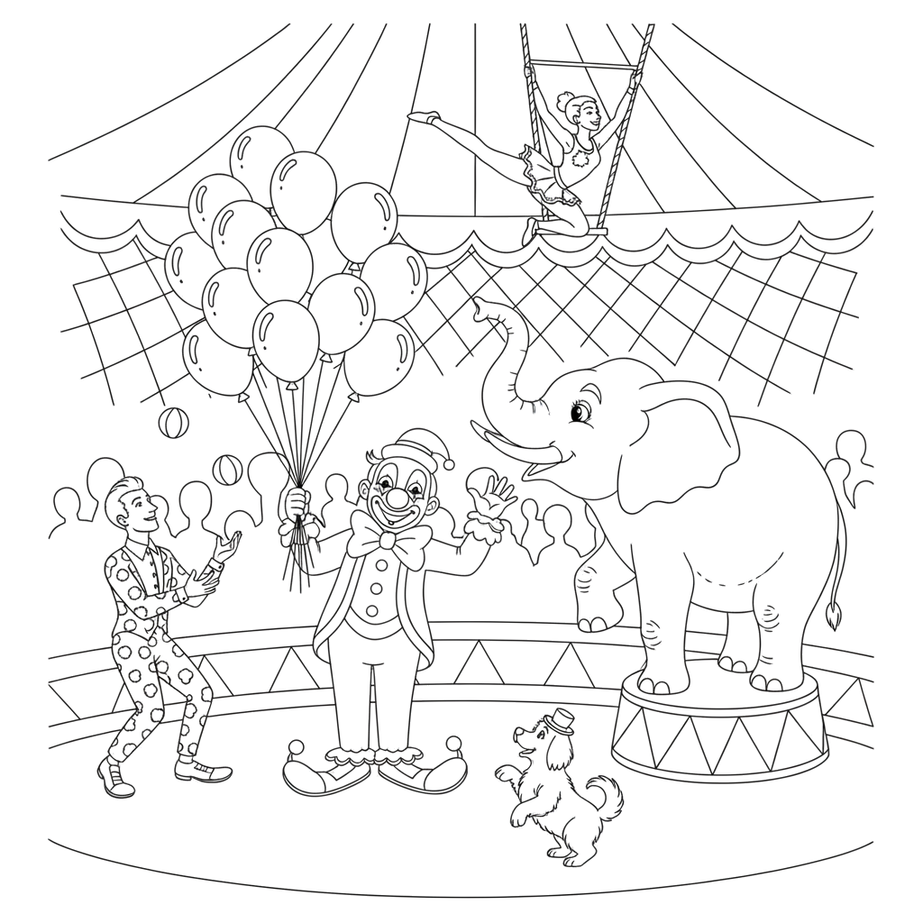 Цирковое представление Клоун с шариками, жонглер, слон на тумбе, акробат под куполом, дрессированная собачка. Минимум фона, акцент на персонажах.