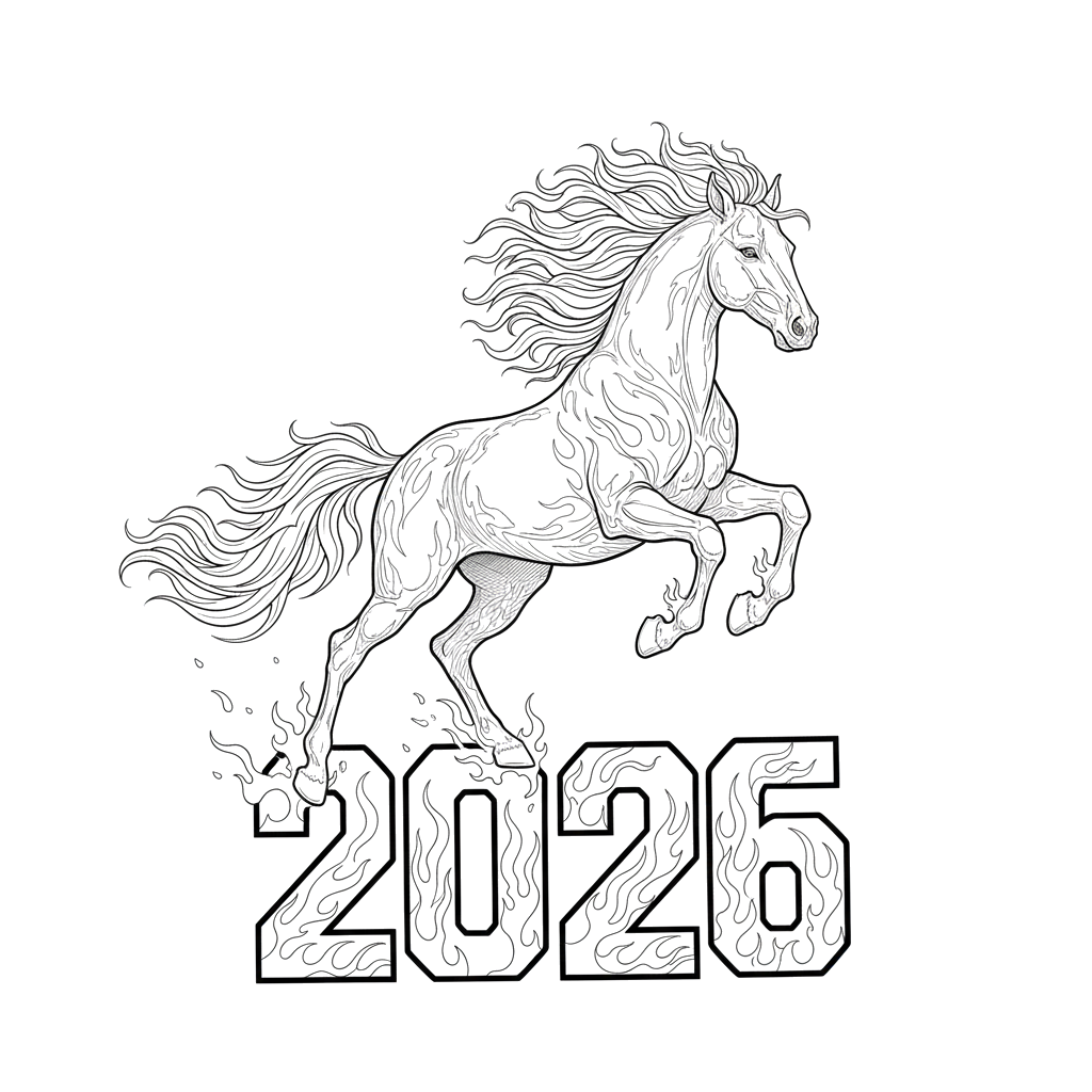 3.Символ 2026 года огненная лошадь. Которая прыгает через надпись - 2026