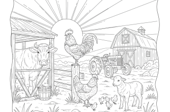 Ферма утром Петух на заборе, корова у стойла, курица с цыплятами, овца с ягнёнком, трактор у амбара. Фон — простое поле и солнце.