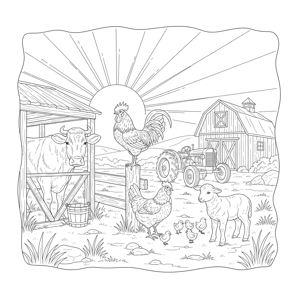 Ферма утром Петух на заборе, корова у стойла, курица с цыплятами, овца с ягнёнком, трактор у амбара. Фон — простое поле и солнце.