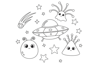 Космические друзья Инопланетяне разной формы (круглый, треугольный, с антеннами), летающая тарелка, звёзды, комета.