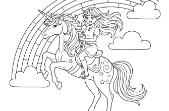 Девочка в стиле аниме скачет на единороге на фоне радуги